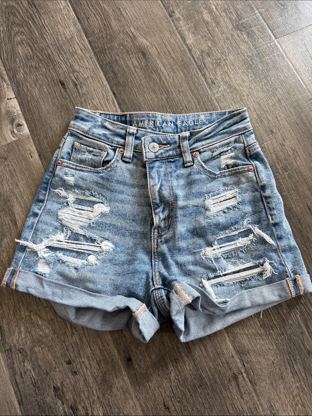 American Eagle Outfitters Light Blue Distressed Roll-Hem Denim Shorts